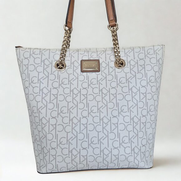 Calvin Klein Tote Bag White Monogram Logo Shoulder Purse Gold Chain Straps - Picture 1 of 13